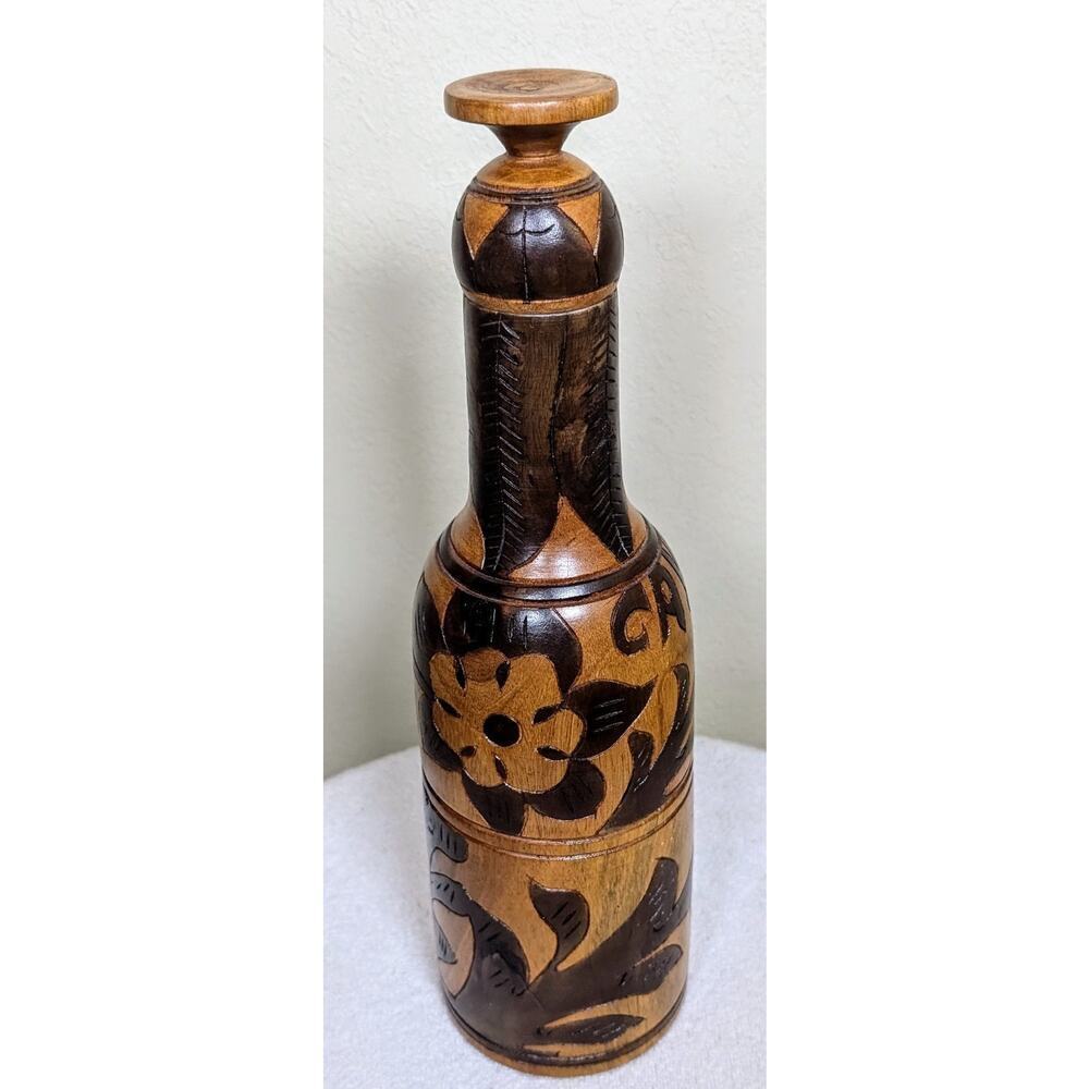 DECORATIVE HAND CARVED WOODEN BOTTLE CONTAINER CAYMEN 3 PIECE
